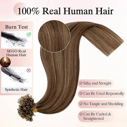 U Tip Hair Extensions Human Hair Pre Bonded Extensions Keratin Fusion Extensions K Tip Hair Extensions Real Human Hair Silky Straight Natural 50g/100 Stands 24" Medium Brown Mix Dark Blonde