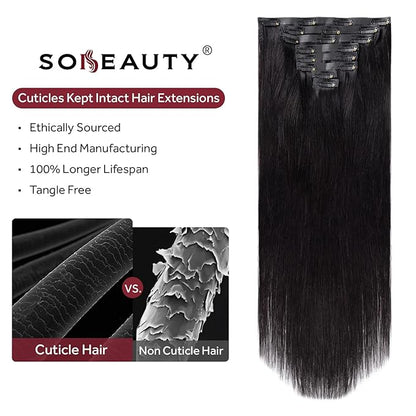 Clip in Hair Extensions Real Human Hair Natural Black Seamless Clip In 100% Remy Hair Extensions PU Skin Weft Add Volume Invisible for Long Straight Hair #1B 20Inch 120G 8PCS