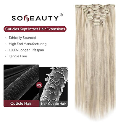 Clip in Hair Extensions Real Human Hair, Remy Hair Extensions Clip In Human Hair Thick and Silky, Ash Blonde Highlighted Platinum Blonde #P17A/60A 18Inch 120G 7PCS