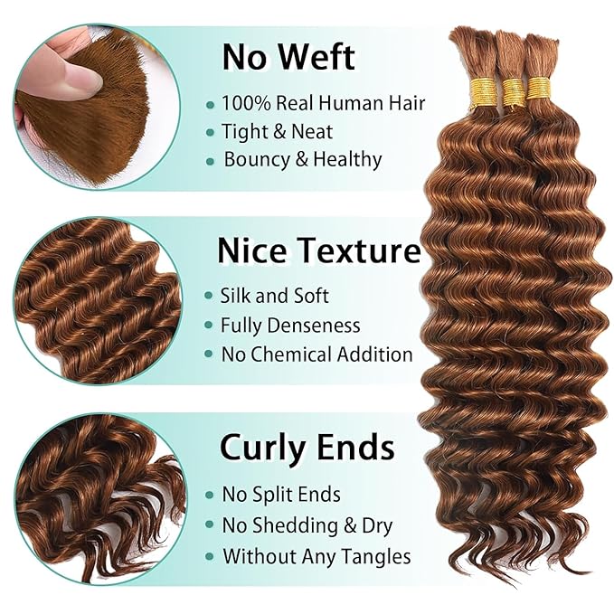 #30 Light Brown Human Braiding Hair Deep Wave Bulk 24 24 24 Inch Human Hair Weave 3 Bundle Unprocessed Brazilian Virgin Hair Brown Deep Curly Braiding Hair Extensions 50 Grams/Bundle
