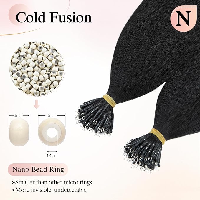 Nano Bead Human Hair Extensions - Nano Bond & Tip Extensions - Silky Straight Natural 50g/50 Stands 16" Jet Black