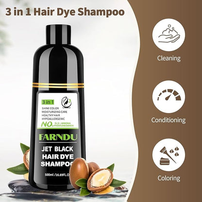 Jet Black Hair Dye Shampoo Ammonia-free & PPD-free, Natural Herbal Ingredients 3 in 1 Hair Color Shampoo for Women Men Gray Hair Coverage