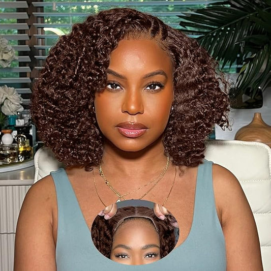 FABA 7x5 Chocolate Brown Curly Wig Human Hair Glueless Wigs Human Hair Pre Plucked Pre Cut 200% Density Brown Deep Wave Wig For Women #4 Short Curly Bob Wigs 14 Inch
