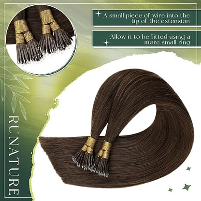 RUNATURE Nano Bead Hair Extensions Real Human Hair Brown Silky Straight 22 Inch 50 Gram 50s,Pre Bonded Nanobead Remy Hair