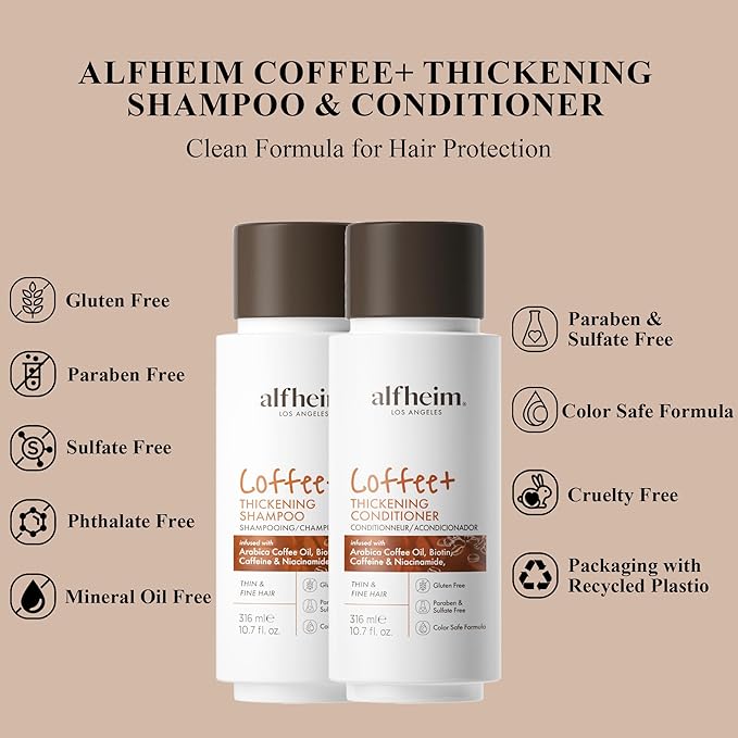 Alfheim Caffeine Shampoo and Conditioner Set | Strengthens Hair & Supports Scalp Health | Biotin & Niacinamide for Thicker, Fuller Hair | Sulfate-Free for Oily Scalp & Thinning Hair | 10.7 oz Each