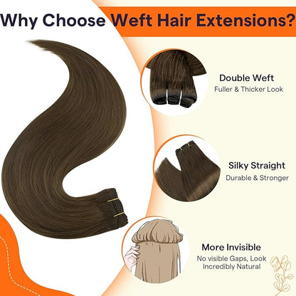 Full Shine Weft Hair Extensions Human Hair Invisible Sew In Human Hair 14 Inch 100G Color Medium Brown Straight Human Hair Bundles Weft Extensions Soft Hair For Women Machine Tied Weft