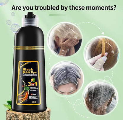 500ML Permanent Black Hair Color Dye Shampoo - Organic Natural Plant Essence for Women & Men, Covers Gray/White Hair, Instant 3-in-1 Hair Colouring Herbal Shampoo, 17 Fl Oz (BLACK)