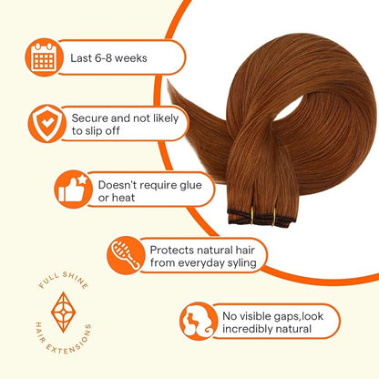 Full Shine Copper Hair Extensions Sew In Hair Extensions Real Human Hair For Women Color Copper Brown Double Weft Extensions Remy Straight Hair Invisible Sew In Extensions 14 Inch 100G