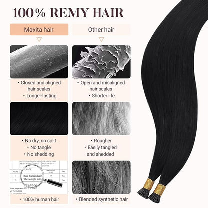 MAXITA I Tip Hair Extensions Human Hair,Jet Black 100g/50s 22 Inch, Comfortable Wear, 100% Remy Human Hair, Real Human Itip Keratin Hair Extensions