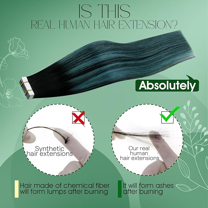 RUNATURE Human Hair Tape in Extensions 18 Inch Ombre Black Fading to Teal Long Invisible Tape in Hair Extensions Human Hair Straight Dark Blue Hair Extensions Tape in Real Human Hair Silky 50g 20pcs