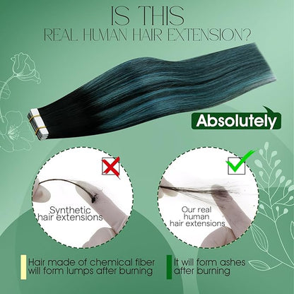 RUNATURE Human Hair Tape in Extensions 18 Inch Ombre Black Fading to Teal Long Invisible Tape in Hair Extensions Human Hair Straight Dark Blue Hair Extensions Tape in Real Human Hair Silky 50g 20pcs