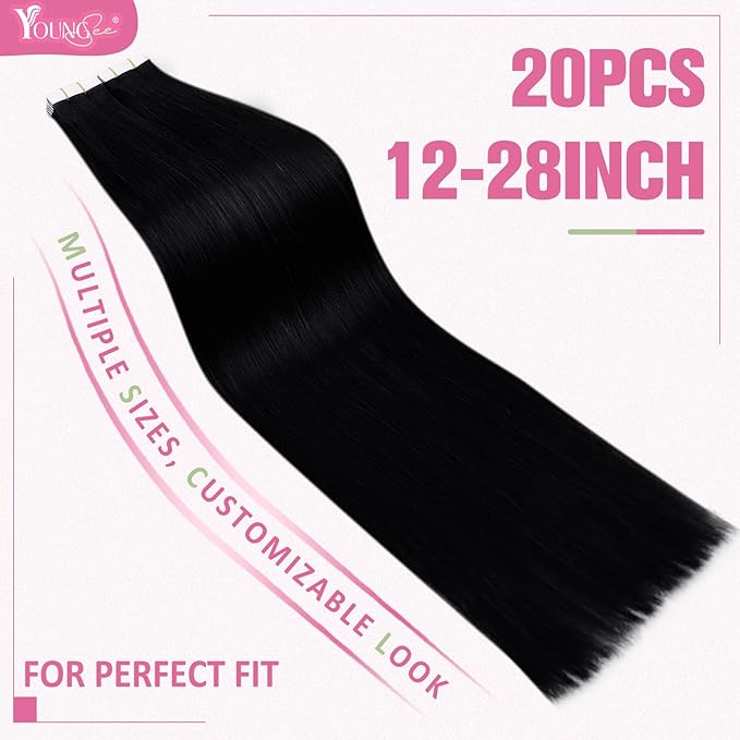 YoungSee Tape in Hair Extensions Human Hair Black Tapein Hair Extensions Real Human Hair Jet Black 20pcs 50g Black Human Hair Tape in Extensions Silky Straight 18 Inch Remy Hair Extensions Seamless