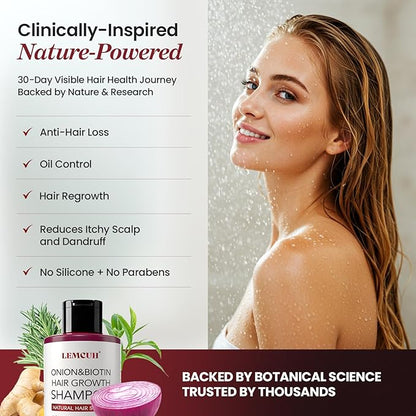 Onion & Biotin Hair Growth Shampoo: Infused With Natural Rosemary Tea Tree Oil Anti Hair Loss Treatment - Scalp Smooths Thickening Formula Support Hair Regrowth For Women Men 12.5Fl Oz