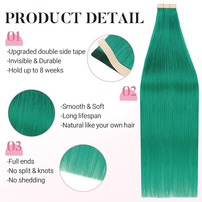MAXITA Tape in Hair Extensions Human Hair Green Tape in Extensions 24 Inch 10pcs 30g Remy Invisible Silky Straight Colored Soft Real Human Hair Extensions