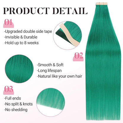 MAXITA Tape in Hair Extensions Human Hair Green Tape in Extensions 24 Inch 10pcs 30g Remy Invisible Silky Straight Colored Soft Real Human Hair Extensions