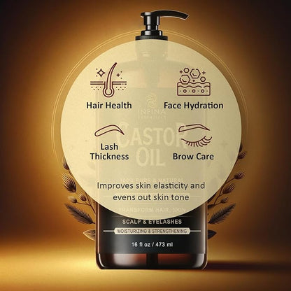 Pure Cold Pressed Castor Oil - Hexane Free, Glass Bottle for Hair Growth, Face, Scalp, Skin & Eyelashes - Nourishing and Moisturizing - 16 fl oz