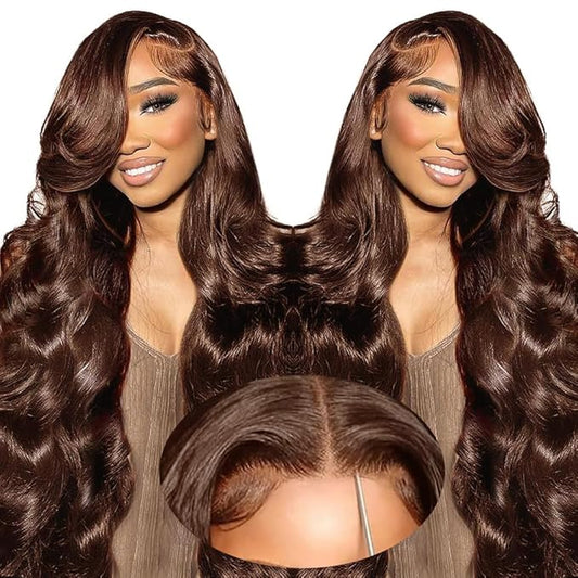 SFD 32Inch Chocolate Brown Glueless Wigs Human Hair Pre Plucked Pre Cut 200% Density 7x5 Wear And Go Dark Brown Lace Closure Wig #4 Colored Body Wave Lace Wig