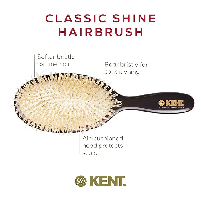 Kent CSGM 7.75" Classic Shine Medium Oval Cushion Straightening Brush and Hair Detangler - Soft White Boar Bristle Hair Brush - Shine Hair Brush and Scalp Scrubber for Mid-Length Fine or Thinning Hair