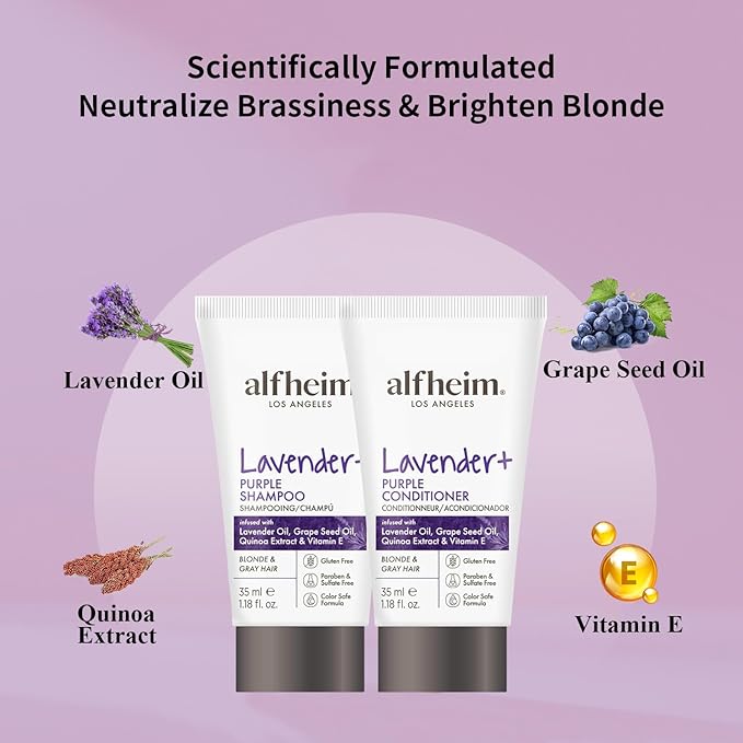 ALFHEIM Lavender+ Purple Shampoo & Conditioner Travel Set | Tone-Correcting for Blonde, Silver & Gray Hair | Neutralizes Brass & Yellow Tones | Moisturizes, Protects Color & Adds Shine | 1.18oz*2