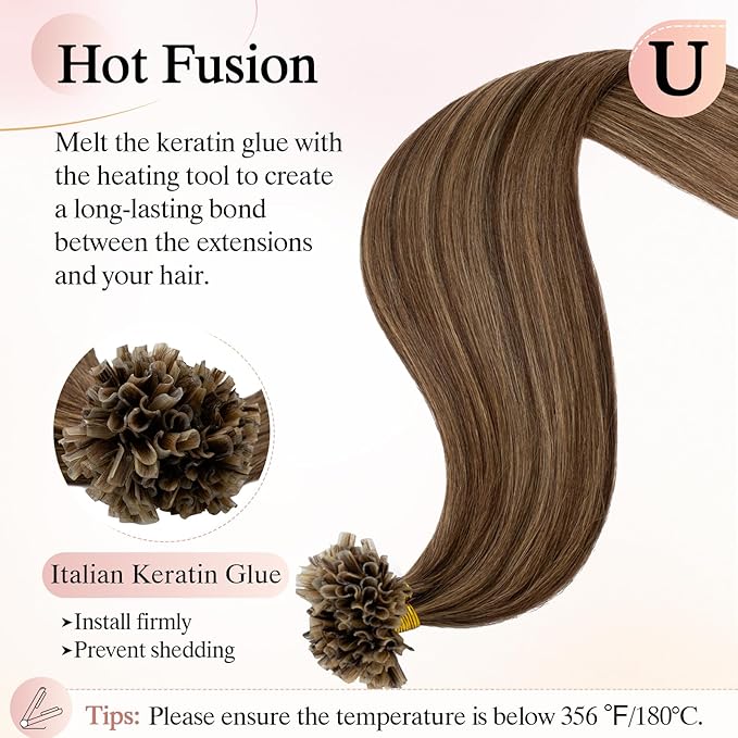 U Tip Hair Extensions Human Hair Pre Bonded Extensions Keratin Fusion Extensions K Tip Hair Extensions Real Human Hair Silky Straight Natural 50g/100 Stands 14" Medium Brown Mix Dark Blonde