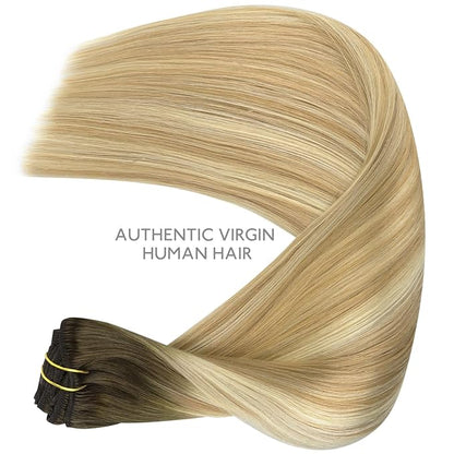 WENNALIFE Clip in Hair Extensions Real Human Hair, 18 Inch 120g 7pcs Human Hair Extensions Clip In Human Hair, Balayage Light Ash Brown to Light White Blonde Hair Extensions Clip In Real Hair Coloured