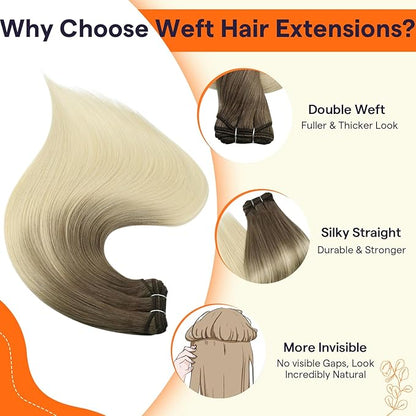 Full Shine Human Hair Weft Extensions Sew In Hair Extensions Real Human Hair Remy Weft Extensions Soft Hair For Women 14 Inch Balayage Brown To Platinum Blonde Hair Bundles 100G