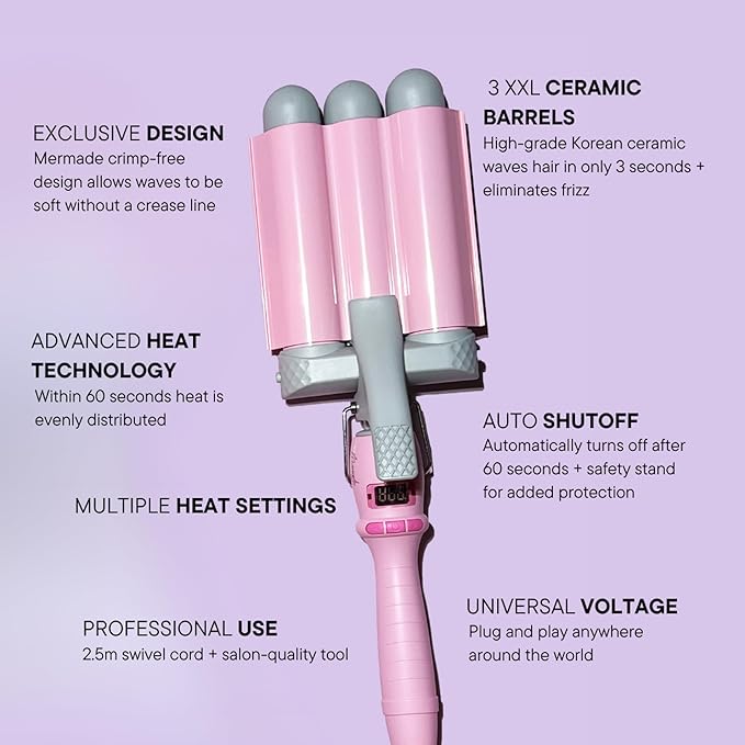 Mermade Hair PRO Hair Waver 1.25" - Hair Waver 3 Barrel, 3 Barrel Curling Iron 1 1/4 Inch, Ceramic Barrel Waver for Thick, Thin, Long, or Short Hair - 1.25"
