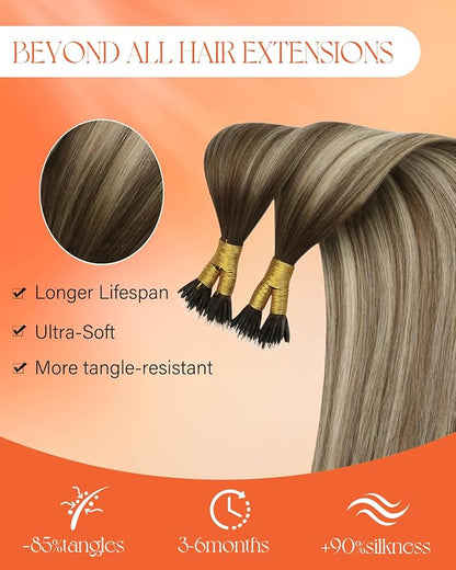 Sunny Hair Nano Ring Hair Extensions Human Hair 18inch Nano Tip Hair Extensions Real Human Hair Brown Ombre Light Brown Highlights Blonde Nano Loop Hair Extension 50g