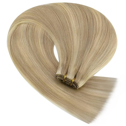 YoungSee Sew in Hair Extensions Blonde Highlight Hair Extensions Sew in Dark Ash Blonde Highlighted Light Blonde Weft Hair Extensions Real Human Hair Highlight Butterfly Weft 22Inch 100G