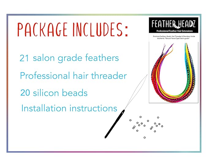 21 Rainbow Tie Dye Color Hair Extensions – 9”–14” Long – DIY Rooster Kit with 20 Micro-Link Beads – 100% Real Feathers – Eye-Catching Boho Style