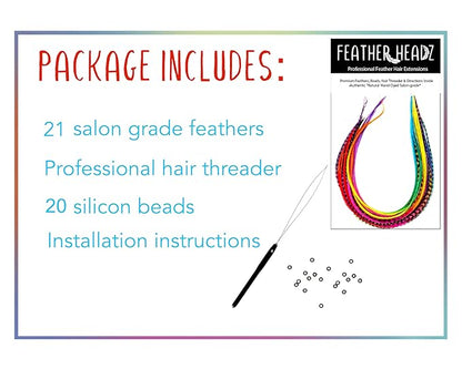 21 Rainbow Tie Dye Color Hair Extensions – 9”–14” Long – DIY Rooster Kit with 20 Micro-Link Beads – 100% Real Feathers – Eye-Catching Boho Style