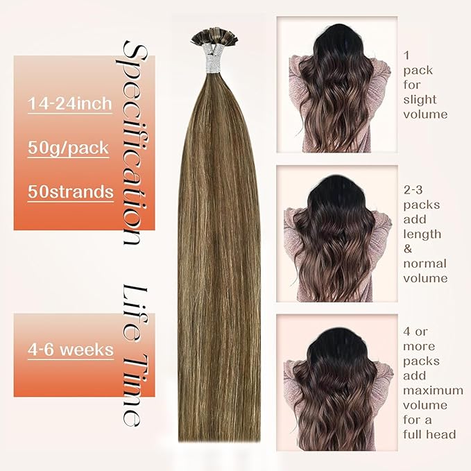 Sunny Hair Flat Tip Hair Extensions Human Hair Dark Brown with Caramel Blonde K Tip Hair Extensions Real Human Hair 14inch Ktip Human Hair Extensions Invisible 50g