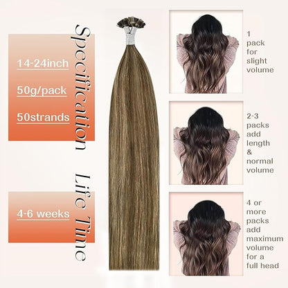 Sunny Hair Flat Tip Hair Extensions Human Hair Dark Brown with Caramel Blonde K Tip Hair Extensions Real Human Hair 14inch Ktip Human Hair Extensions Invisible 50g