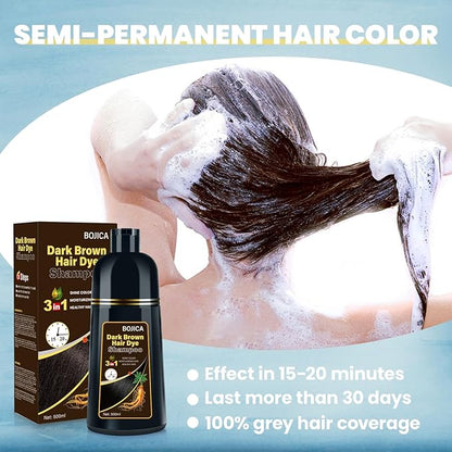Hair Dye Shampoo for Gray Hair Coverage, 3-in-1 Semi-Permanent Color Shampoo for Women & Men Dark Brown