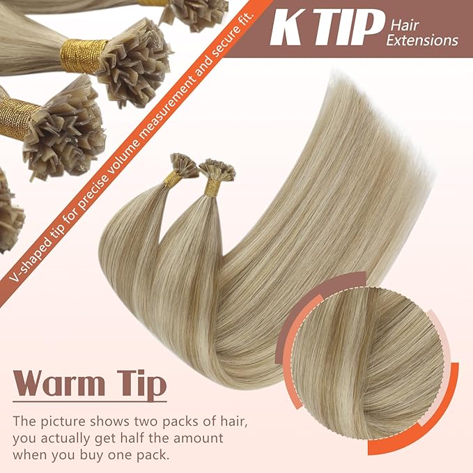 Sunny Hair K Tip Hair Extensions Blonde Ktip Hair Extensions Human Hair Ash Blonde Highlight Golden Blonde Ktips Hair Extensions Human Hair Pre Bonded Fusion Hair Extension Soft and Silky 20inch 50g