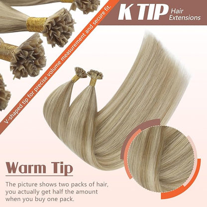 Sunny Hair K Tip Hair Extensions Blonde Ktip Hair Extensions Human Hair Ash Blonde Highlight Golden Blonde Ktips Hair Extensions Human Hair Pre Bonded Fusion Hair Extension Soft and Silky 20inch 50g