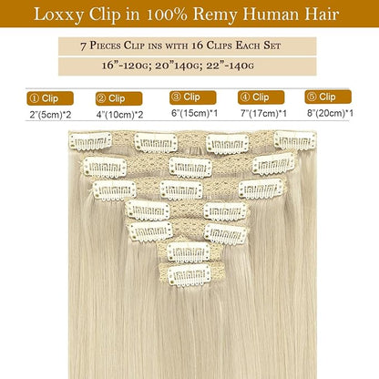 Loxxy 16 Inch Platinum Blonde Hair Extensions Clip in Human Hair 9A Grade Brazilian Human Hair Extension Big Thick Silky Straight Clip in Human Hair For Women #60A 120g 7 Pieces 16 clips