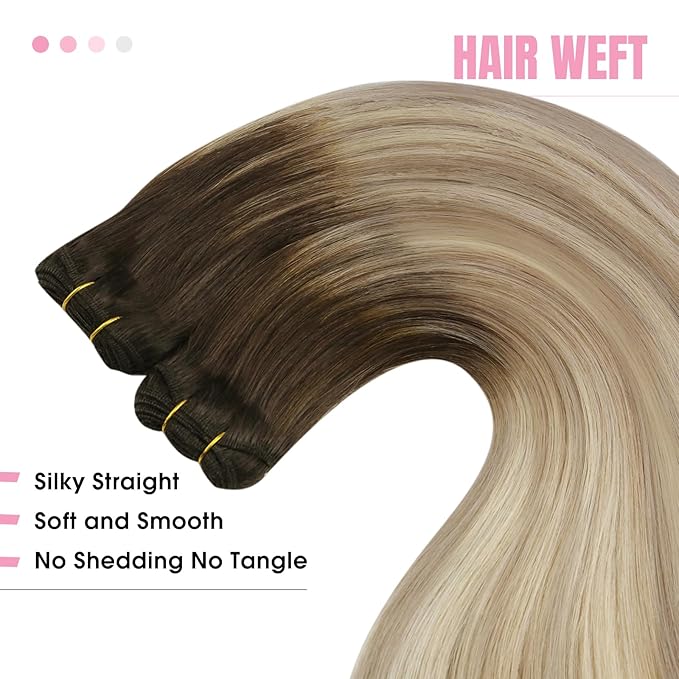YoungSee 24Inch Weft Hair Extensions Real Human Hair Ombre Blonde Sew in Hair Extensions Dark Brown Base with Medium Ash Blonde and Light Blonde Highlights Hair Extensions Real Human Hair Weft 100G
