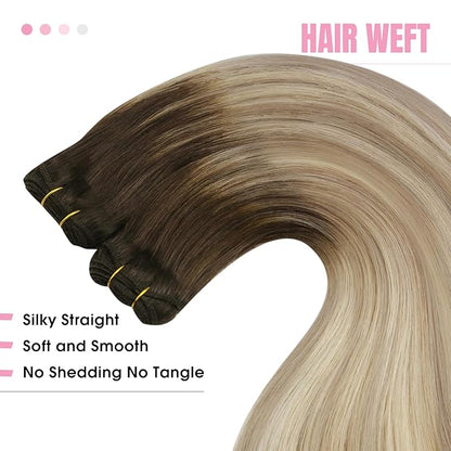 YoungSee 24Inch Weft Hair Extensions Real Human Hair Ombre Blonde Sew in Hair Extensions Dark Brown Base with Medium Ash Blonde and Light Blonde Highlights Hair Extensions Real Human Hair Weft 100G
