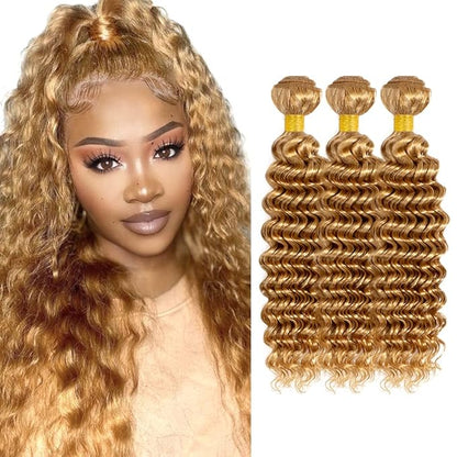 #27 Honey Blonde Bundles Human Hair Deep Wave Bundles 12 14 16 Inch Unprocessed Brazilian Virgin Hair Weave 3 Bundles 50 Grams Per Bundle Blonde Human Hair Extensions For Women