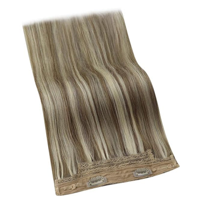YoungSee Wire Hair Extensions Human Hair Highlight Human Hair Wire Extensions Light Brown Highlights with Blonde Smooth Wire Real Hair Extensions Personalized Customization Hair Extensions 16In 80G