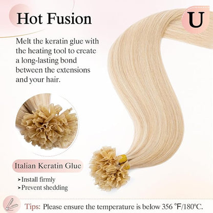 U Tip Hair Extensions Human Hair Pre Bonded Extensions Keratin Fusion Extensions K Tip Hair Extensions Real Human Hair Silky Straight Natural 50g/100 Stands 14" Ash Blonde Mix Bleach Blonde
