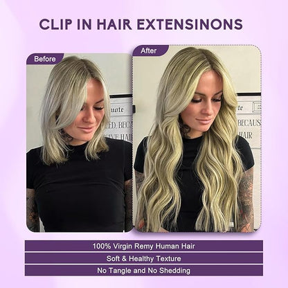 Blonde Clip in Hair Extensions Real Human Hair 8pcs Per Set with Double Weft 100% Seamless Blonde Hair Extensions for Women #8p613 Mixed Bleach Blonde 22inch 110g/4oz