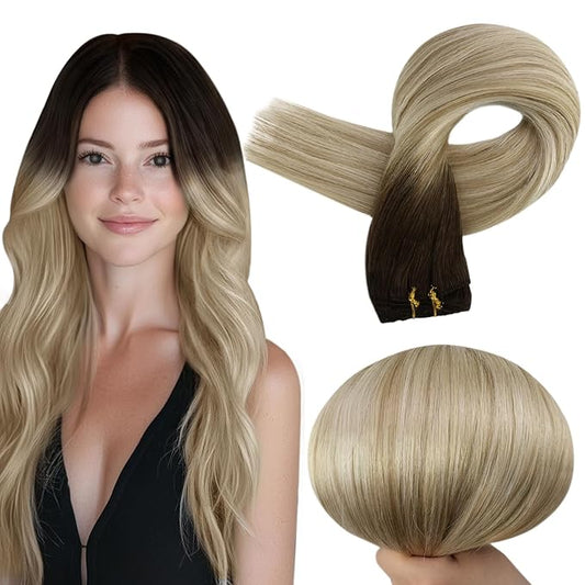 Full Shine 22 Inch Weft Hair Extensions Sew In Extensions Remy Satraight Hair Machine Tied Weft Extensions Color Dark Brown To Dirty Blonde Mix Blonde Human Hair Bundles 105G