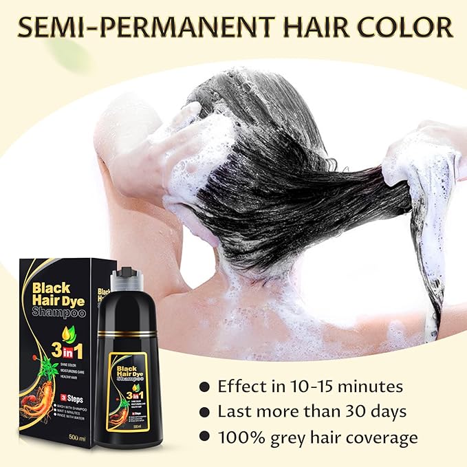 Black Hair Dye Shampoo 3 in 1 for Gray Hair Coverage, Color Shampoo for Women and Men, Instant Herbal Ingredients Hair dye (16.9 Fl oz)