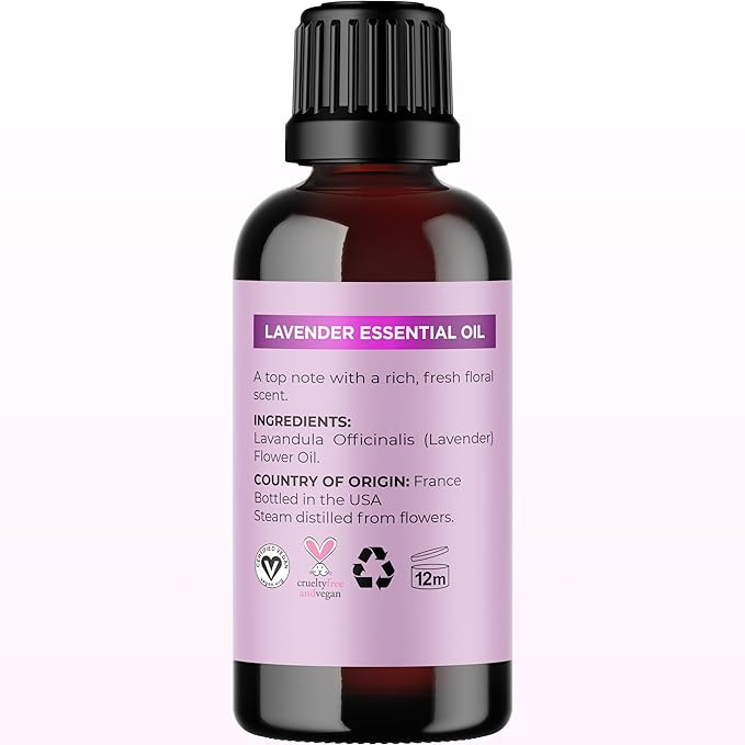 Pure Lavender Essential Oil - Lavender Oil for Hair Skin and Nails Plus Aromatherapy Diffusers Humidifiers Linens and Baths for at Home Spa Self Care - Premium Grade Non-GMO in Glass Bottle (1 Fl Oz)