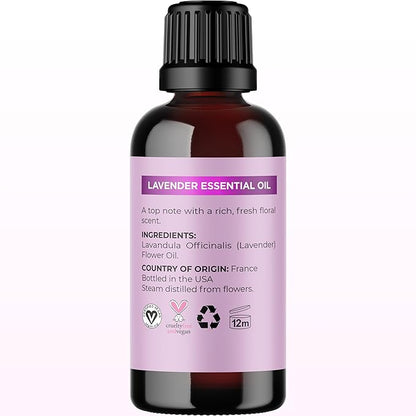 Pure Lavender Essential Oil - Lavender Oil for Hair Skin and Nails Plus Aromatherapy Diffusers Humidifiers Linens and Baths for at Home Spa Self Care - Premium Grade Non-GMO in Glass Bottle (1 Fl Oz)