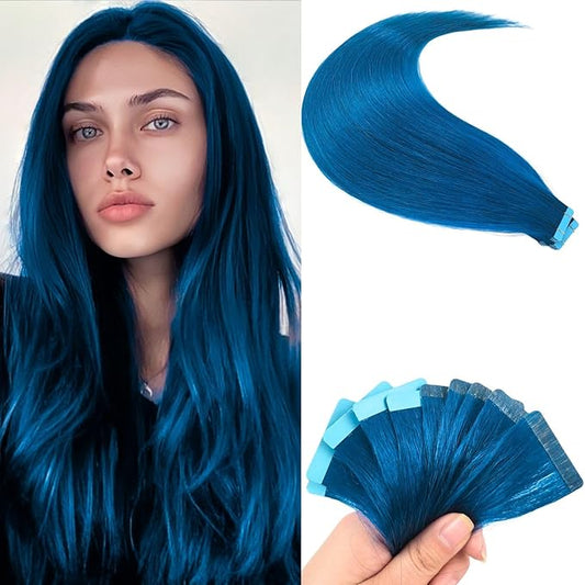 Blue Tape in Hair Extensions Human Hair 20 Inch Colored Invisible Tape in Soft And Silky Human Hair Extensions