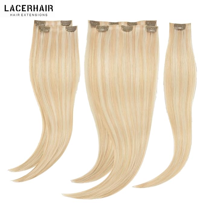 Lacer Hair Highlight Blonde Clip in Hair Extensions 20 Inch Human Hair 7pcs 110g Dark Ash Blonde Mixed Platinum Blonde Color Seamless Hair Extensions Clip in Thin PU Weft Silky Straight Clip Ins