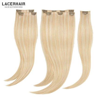 Lacer Hair Highlight Blonde Clip in Hair Extensions 20 Inch Human Hair 7pcs 110g Dark Ash Blonde Mixed Platinum Blonde Color Seamless Hair Extensions Clip in Thin PU Weft Silky Straight Clip Ins
